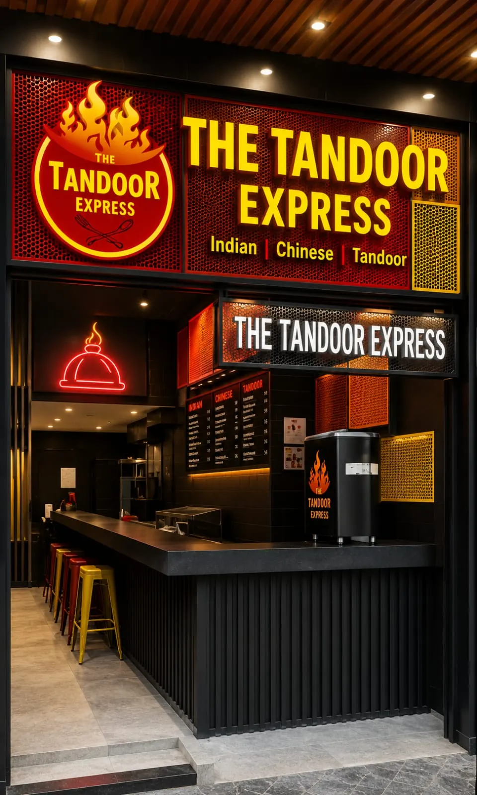 The THE TANDOOR EXPRESS service counter under illuminated signage